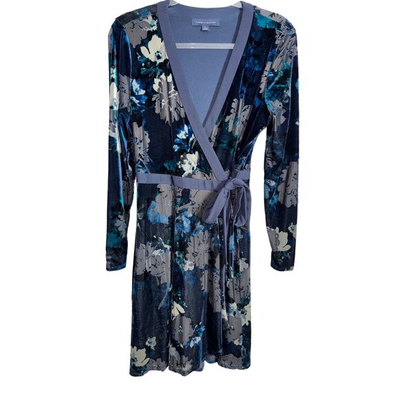 Tommy Hilfiger Floral Wrap Dress‎ Size 8 Navy Blue Grey Sexy Stretch Velvet Cute - Picture 1 of 8